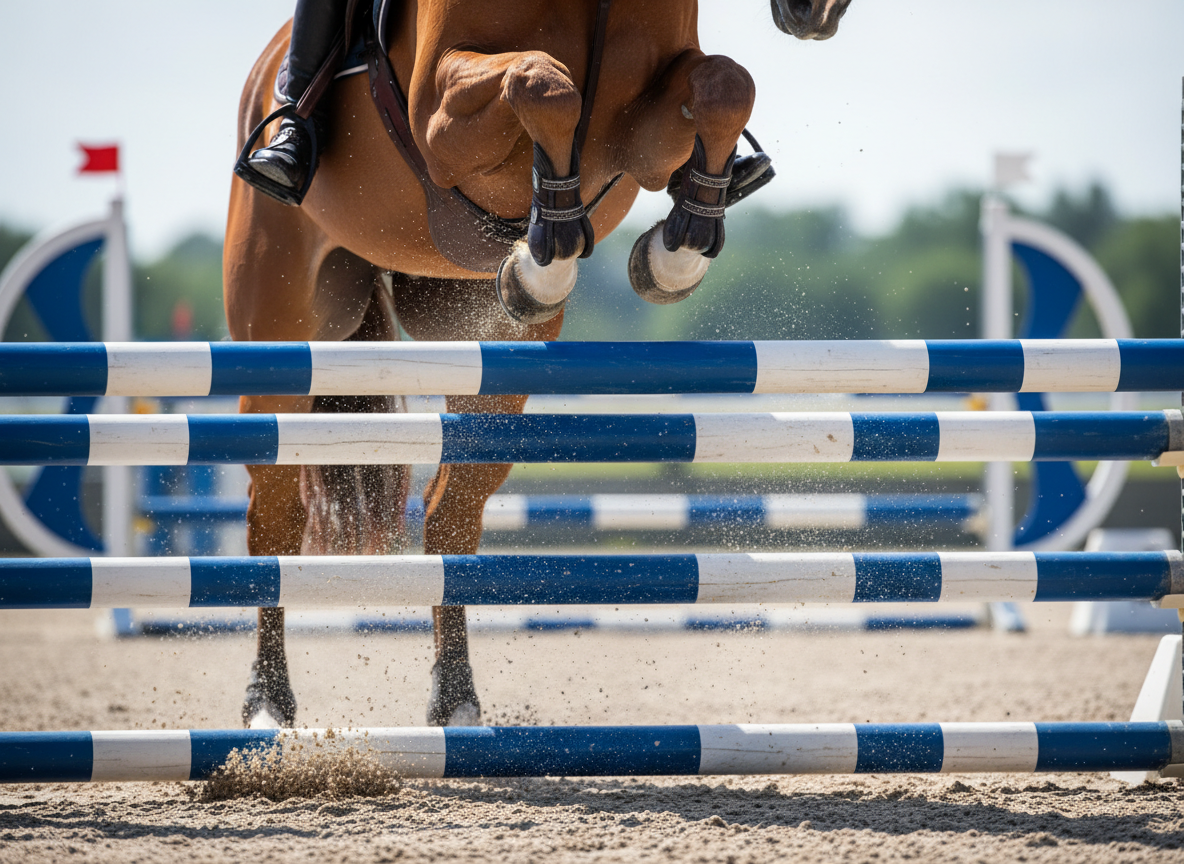 A detailed close-up of a showjumping horse’s front legs over a brightly painted vertical fence, capturing the exact moment the hooves clear the top pole. Splashes of arena sand freeze mid-air against bold blue-and-white rails, with the horse’s polished open-front tendon boots and neatly trimmed fetlocks in sharp focus. The background shows a softly blurred competition arena with distant, out-of-focus jump standards hinting at a full course. Strong natural daylight creates crisp highlights on the horse’s coat and subtle shadows beneath the jump. Photographic realism, shot with a fast shutter and very shallow depth of field, delivers an energetic, dynamic mood that underscores athleticism, precision, and the technical excellence of showjumping training.