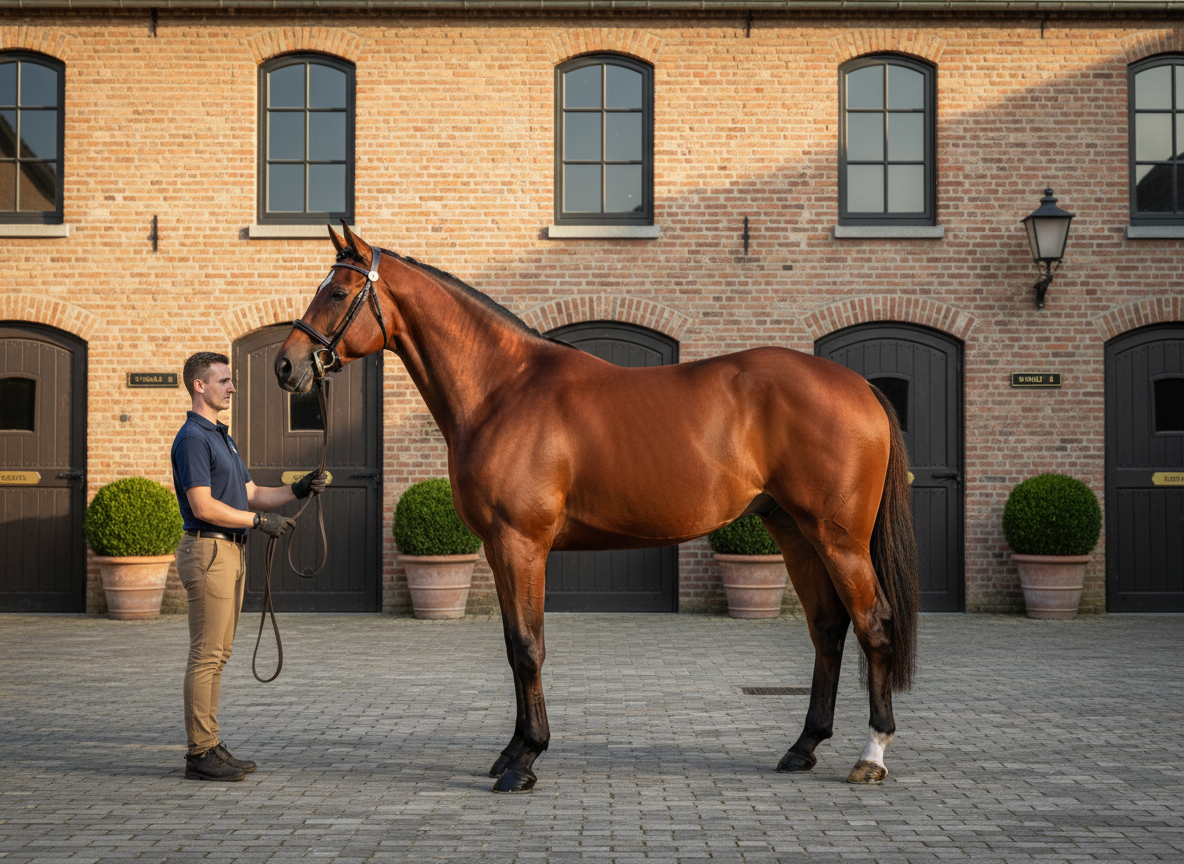 A refined bay showjumping horse poses in-hand in front of a classic European-style stable block, its conformation clearly visible from nose to tail. The horse stands on a clean paved courtyard framed by symmetrical brick stable fronts with dark wooden doors and polished brass nameplates. Bright planters with neatly trimmed boxwood add a touch of color near the entrances. Soft early morning light casts a gentle, flattering glow, accentuating the horse’s topline, neck, and powerful hindquarters without harsh contrast. Photographic realism, composed in a side-profile, eye-level shot with a moderate depth of field, keeps both horse and stable architecture crisply defined. The atmosphere is calm, orderly, and high-end, perfect for presenting sales horses in a professional context.