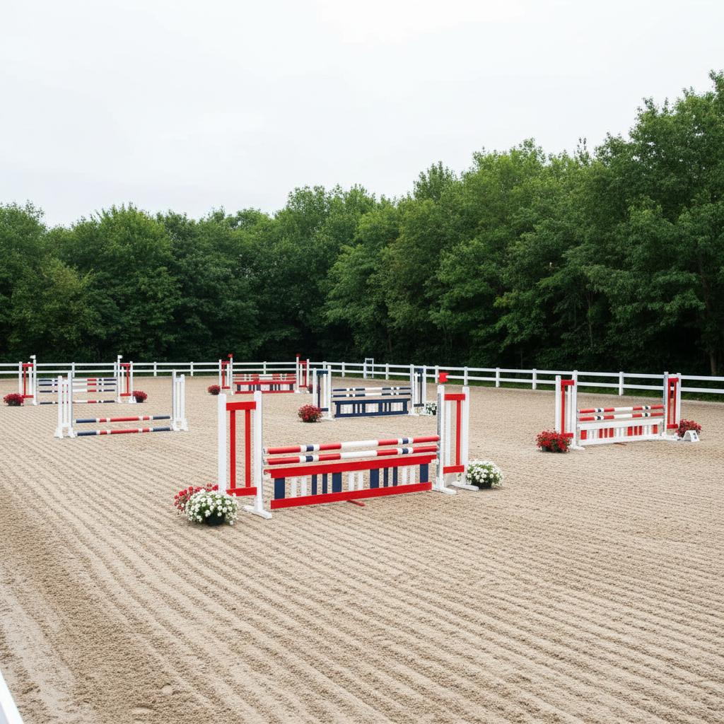A carefully designed showjumping training course set in a quiet outdoor arena, with multiple colorful fences arranged in related distances: a vertical, oxer, combination line, and a gymnastic grid. The jumps feature coordinated red, white, and navy poles with crisp ground lines, planks, and flower boxes, all standing on freshly dragged, even footing. Surrounding the arena is a low post-and-rail fence and a backdrop of mature trees under a slightly overcast sky that diffuses the light. The photographic image is taken from a slightly elevated angle, capturing the full course layout with sharp focus throughout. The mood is focused and professional, suggesting thoughtful coaching and systematic training for both sale horses and competition clients.