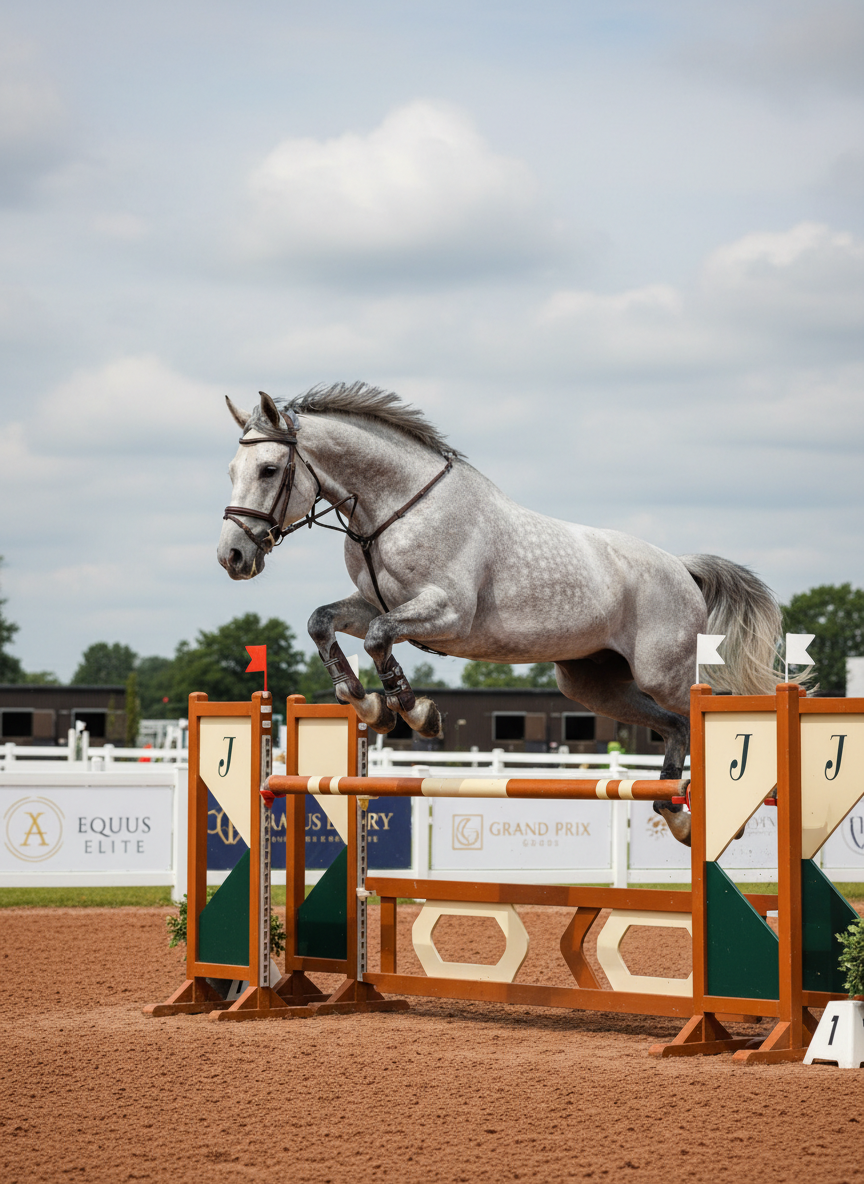 A tall, athletic grey showjumping horse in a fitted leather bridle is captured mid-air over a wide oxer fence, legs neatly tucked and tail flowing. The horse’s dappled coat glows against the rich chestnut-colored arena footing, with color-coordinated jump standards and filler creating a polished, professional course design. The setting is a large, open-air competition arena bordered by low white fencing and crisp sponsor banners. Bright but slightly diffused daylight illuminates the scene, freezing every detail in sharp focus. Shot from a low-angle, telephoto perspective to emphasize height and scope, with a clean, photographic realism style that conveys power, precision, and elite performance for a high-end showjumping business.