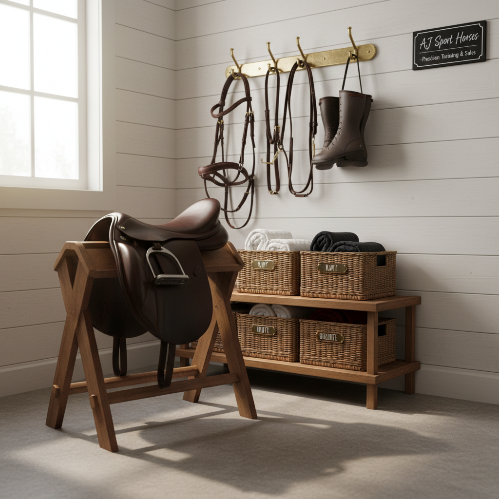 A meticulously arranged tack room corner featuring a gleaming dark brown close-contact jumping saddle on a wooden saddle stand, paired with matching leather bridle, martingale, and open-front tendon boots hanging neatly above. A polished bridle hook rack and labeled storage baskets with folded saddle pads in navy, white, and burgundy line the whitewashed plank wall. Soft, indirect daylight filters through a nearby stable window, highlighting the rich leather textures and casting gentle shadows on the smooth concrete floor. Photographic realism, composed at a three-quarter angle with moderate depth of field, creates a professional, organized, and trustworthy atmosphere that reflects the precision and care behind AJ Sport Horses’ training and horse sales program.