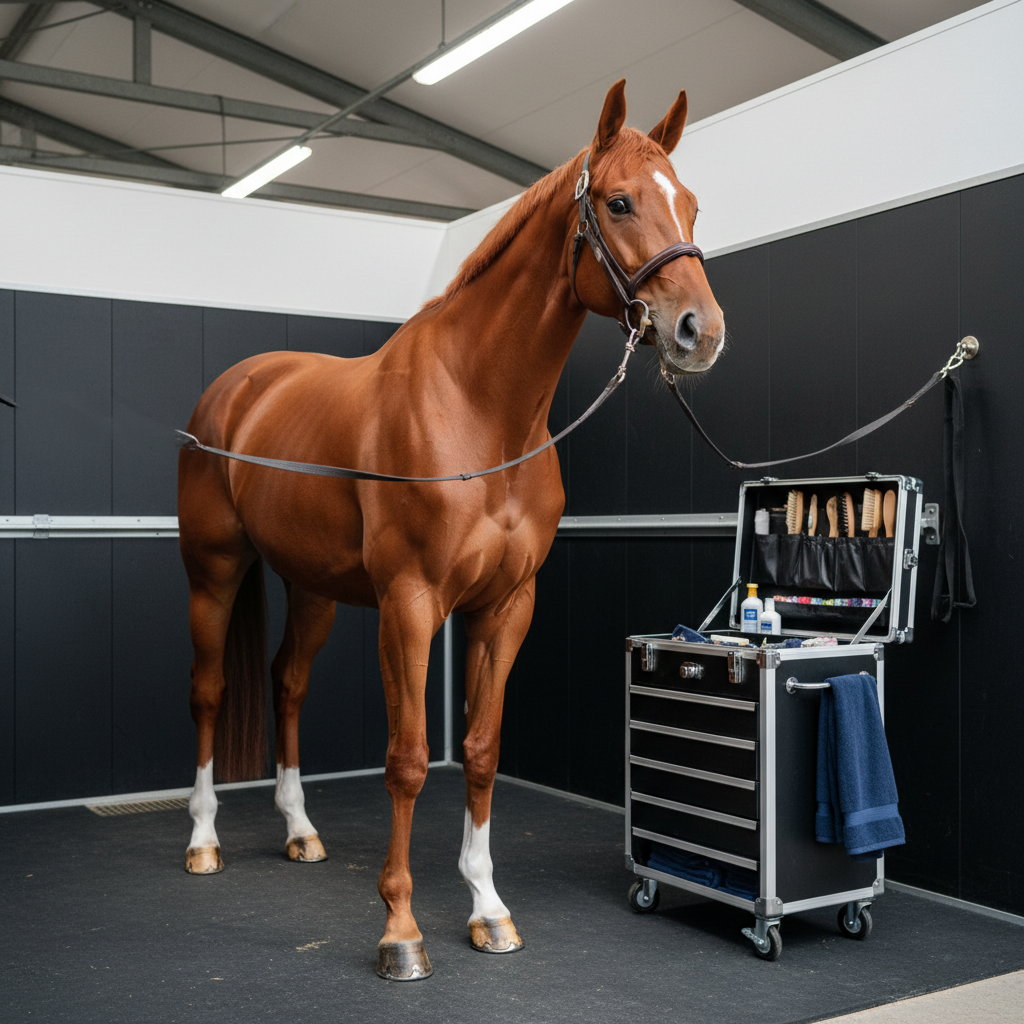 An elegant chestnut showjumping horse stands in a spotless grooming bay, tied between sleek, black rubber-lined walls and stainless steel fixtures. Its coat shines with a deep copper gloss, hooves polished and neatly trimmed, white socks perfectly clean. Beside it, a well-organized rolling grooming trunk displays brushes, hoof oil, plaiting bands, and neatly folded navy towels. Bright but soft indoor stable lighting from overhead LED strips provides even illumination, minimizing harsh shadows and highlighting every well-kept detail. Photographic realism, composed at an eye-level three-quarter view, with the background slightly softened to keep focus on the horse and immaculate setup. The atmosphere is professional, meticulous, and reassuring, emphasizing premium care standards for sales and competition horses.
