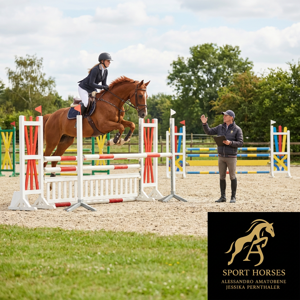 Rider jumping a hurdle with a trainer watching. Logo: SPORT HORSES, Alessandro Amatobene, Jessika Pernthaler.