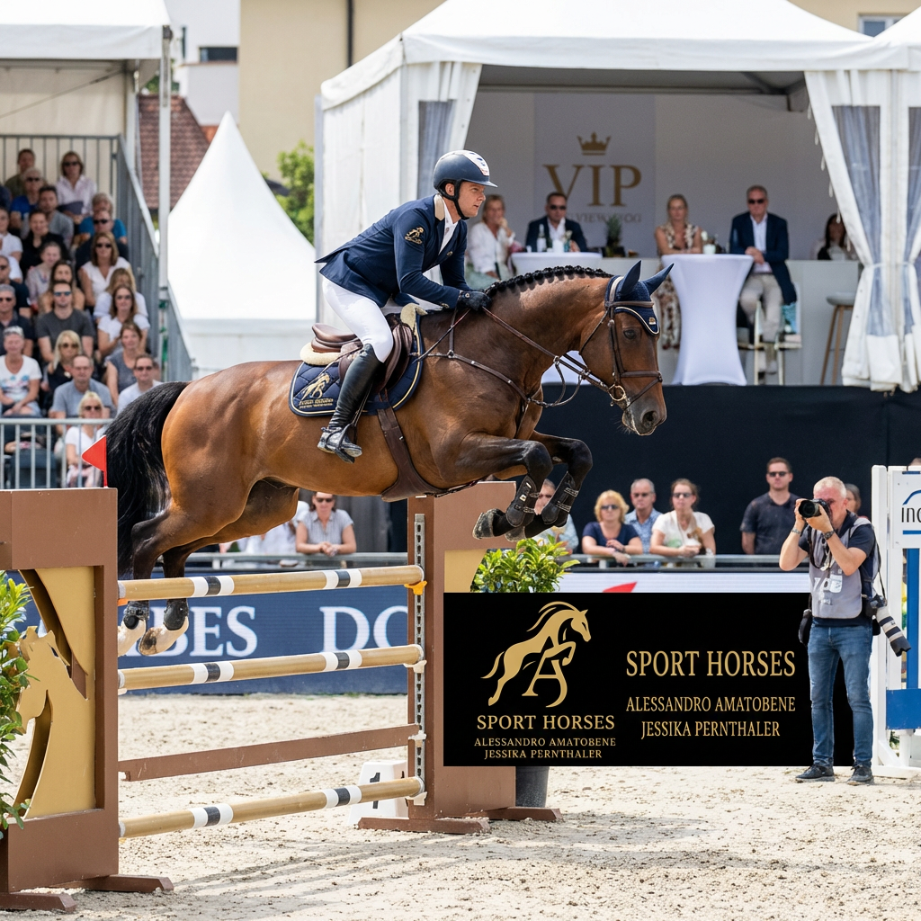 Rider jumping horse over hurdle; text VIP SPORT HORSES ALESSANDRO AMATOBENE JESSIKA PERNTHALER.